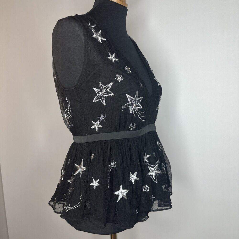Vintage Express Embroidered Star Black Peplum VNeck Sheer Tank Rhinestones Sz 4 - Picture 4 of 13